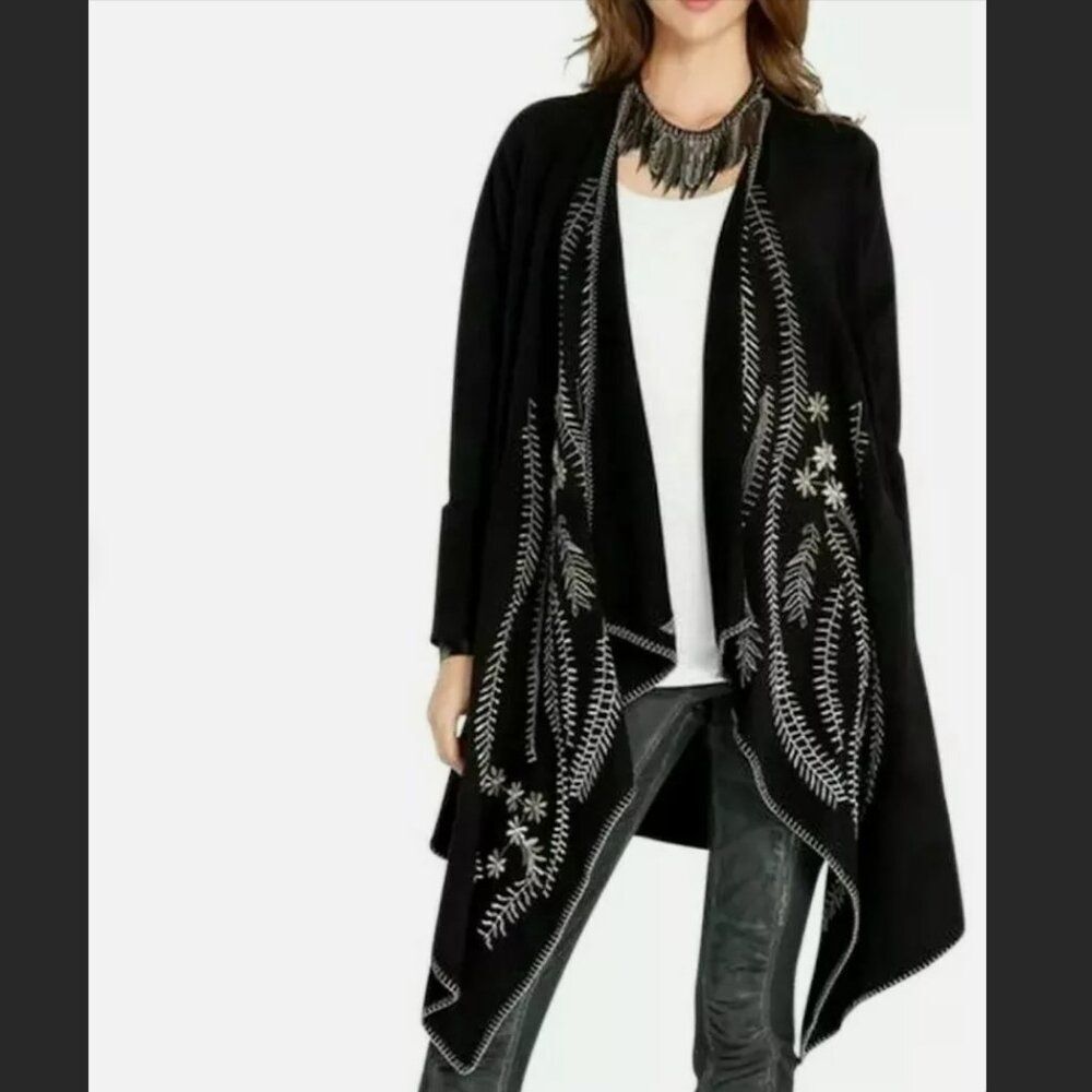 XCVI Black Floral Design Embroidered Open front draped Duster Jacket Cotton sz L